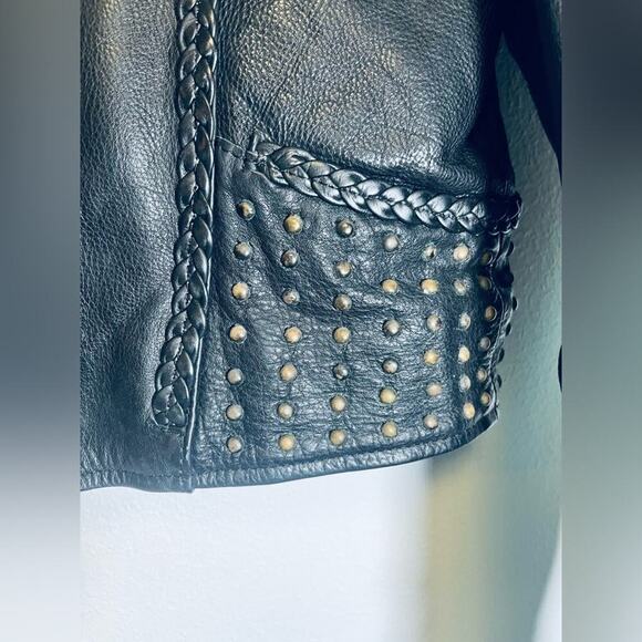 VINTAGE UNIK 100% Genuine Leather Motorcycle Heavy Jacket with Studded Detail - Picture 5 of 10